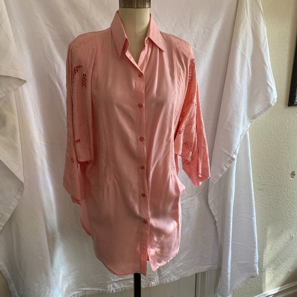 Vintage 80s Peach Long Sleeve Dolman Button Down Tunic, sz. M - Picture 4 of 10